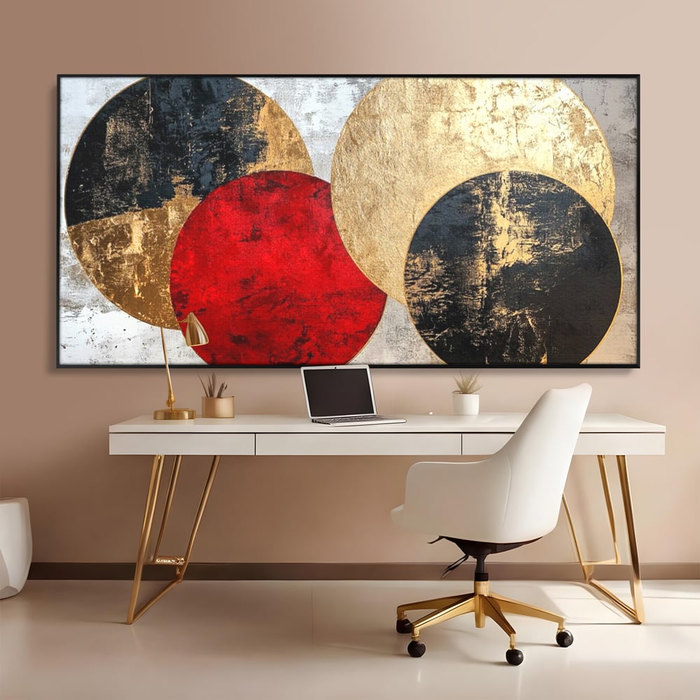 Tablou canvas cu tablou canvas cu cercuri abstracte, in rama de aluminiu negru, pe perete intr-un birou